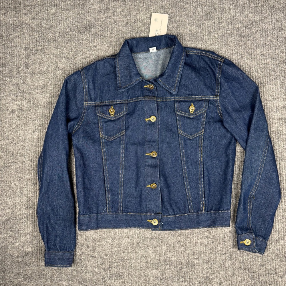 Denim‎ Trucker Jacket Womens M Dark Blue Classic Button Up Jean Indie Sleaze Y2K